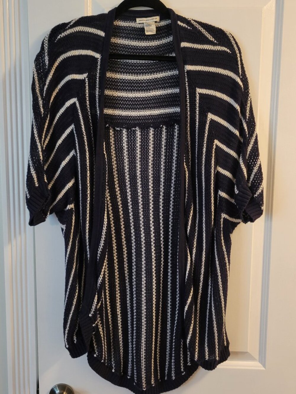 AE Crochet Open Front Navy White Stripe Cardigan